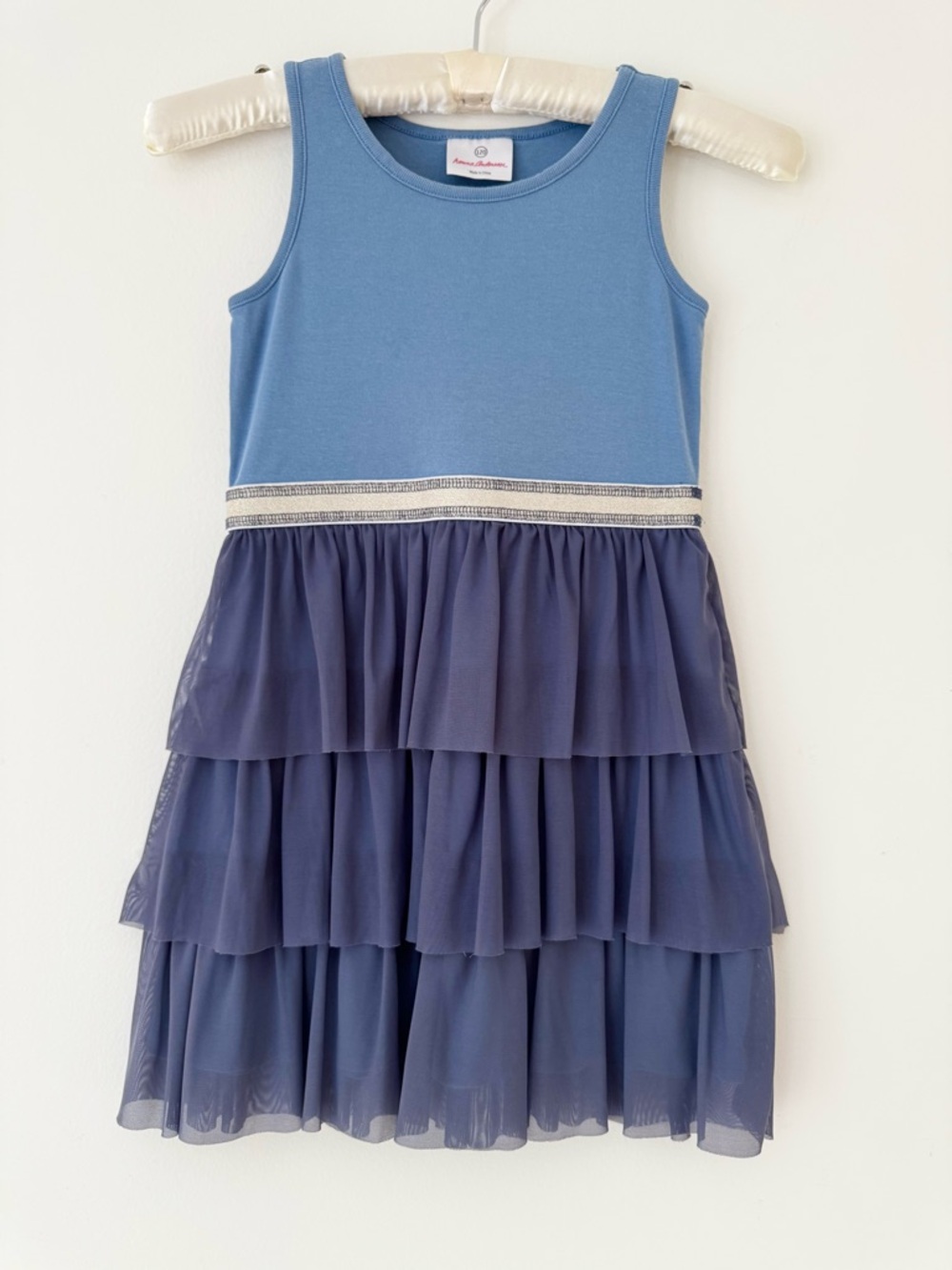 Hanna Andersson Sleeveless Dress with Blue Tiered Tulle Skirt, Size 6